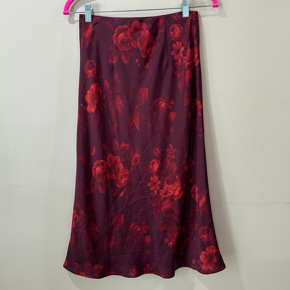 Reformation Ella Satin Midi Skirt Sanguine Red Burgundy Floral High Rise Women 4 - Picture 3 of 5